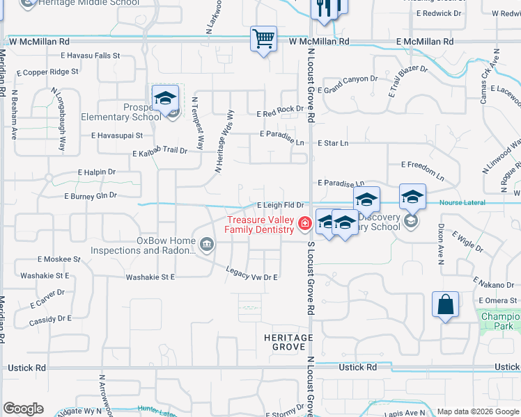 map of restaurants, bars, coffee shops, grocery stores, and more near 3993 North Heritage View Avenue in Meridian