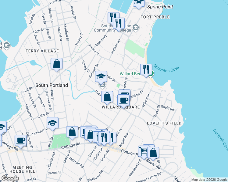 map of restaurants, bars, coffee shops, grocery stores, and more near 5 Alder Street in South Portland