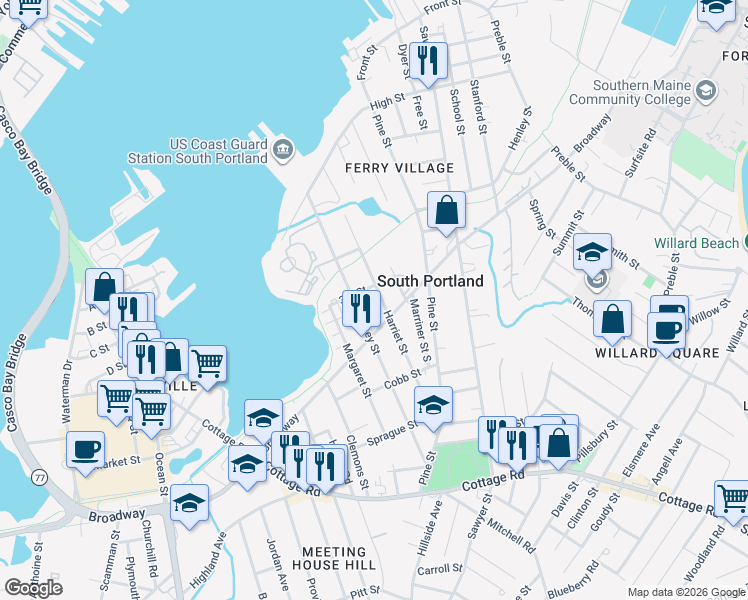 map of restaurants, bars, coffee shops, grocery stores, and more near 123 Harriet Street in South Portland