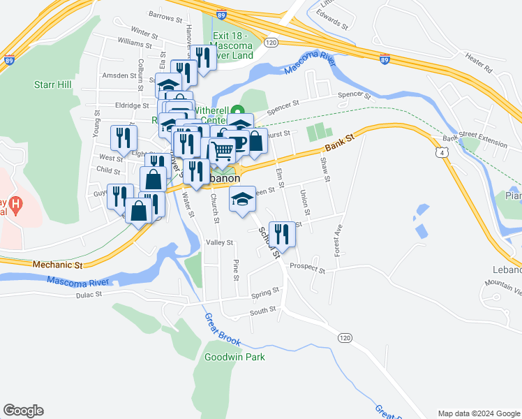 map of restaurants, bars, coffee shops, grocery stores, and more near 21 School Street in Lebanon