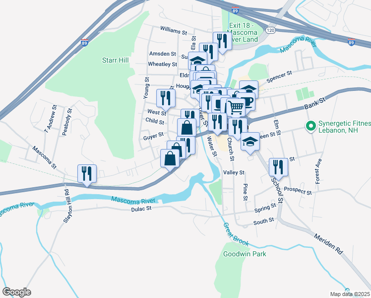 map of restaurants, bars, coffee shops, grocery stores, and more near 40 Mascoma Street in Lebanon