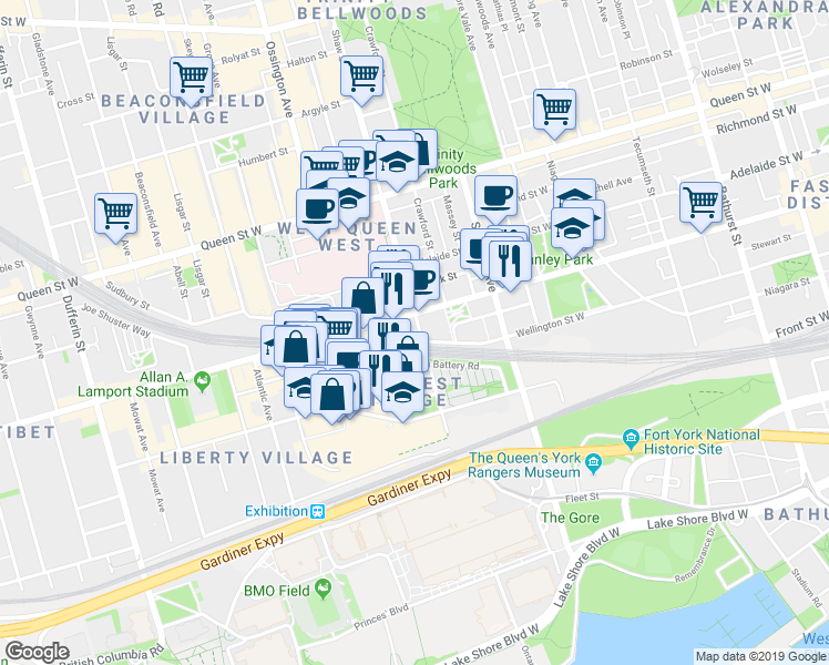 map of restaurants, bars, coffee shops, grocery stores, and more near in Toronto