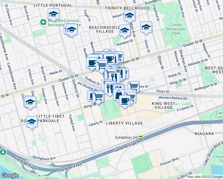map of restaurants, bars, coffee shops, grocery stores, and more near in Toronto