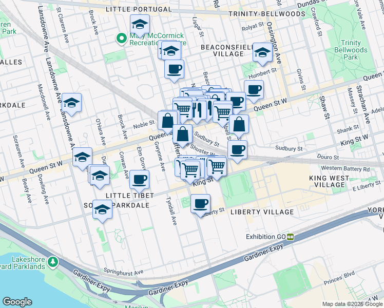 map of restaurants, bars, coffee shops, grocery stores, and more near 25 Laidlaw Street in Toronto