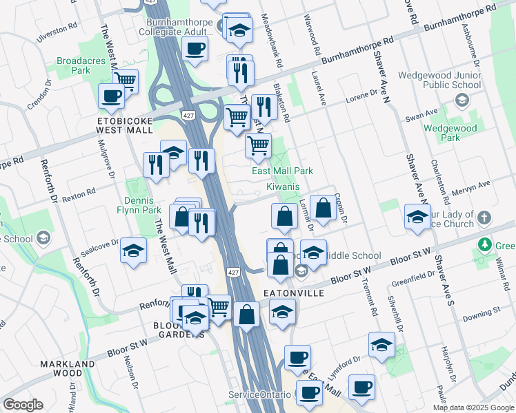 map of restaurants, bars, coffee shops, grocery stores, and more near in Toronto