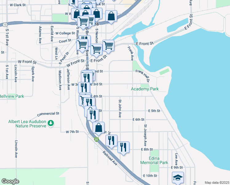 map of restaurants, bars, coffee shops, grocery stores, and more near 321 East 4th Street in Albert Lea
