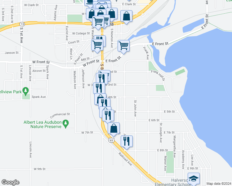 map of restaurants, bars, coffee shops, grocery stores, and more near 922 South Newton Avenue in Albert Lea