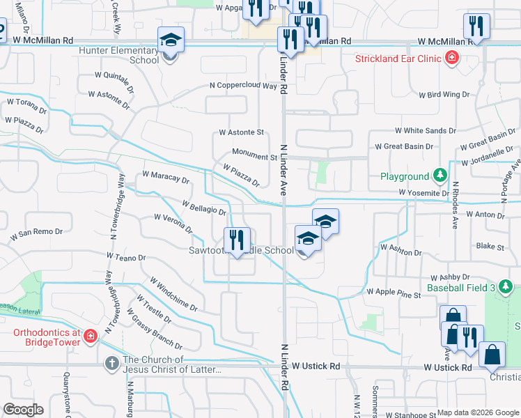 map of restaurants, bars, coffee shops, grocery stores, and more near 1698 West Bellagio Drive in Meridian