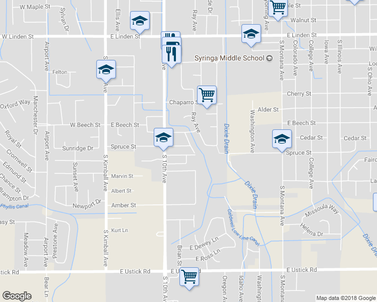 map of restaurants, bars, coffee shops, grocery stores, and more near 618 East Spruce Street in Caldwell
