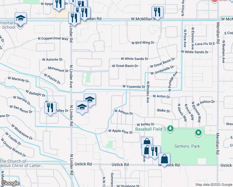 map of restaurants, bars, coffee shops, grocery stores, and more near 1108 West Anton Drive in Meridian