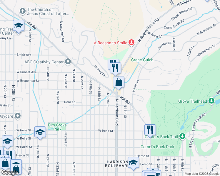 map of restaurants, bars, coffee shops, grocery stores, and more near 1674 West Hill Road in Boise