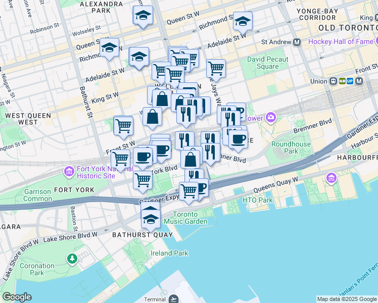 map of restaurants, bars, coffee shops, grocery stores, and more near 705-4k Spadina Avenue in Toronto