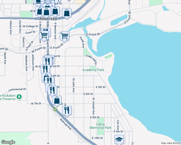 map of restaurants, bars, coffee shops, grocery stores, and more near 517 East 4th Street in Albert Lea