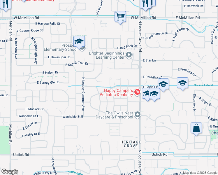 map of restaurants, bars, coffee shops, grocery stores, and more near 1240 East Leigh Field Drive in Meridian