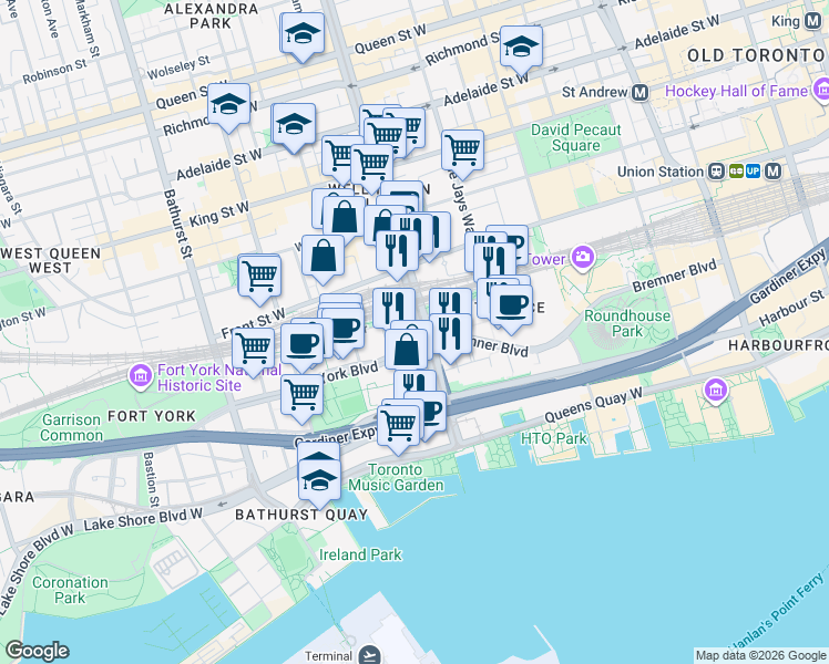 map of restaurants, bars, coffee shops, grocery stores, and more near 4G Spadina Avenue in Toronto