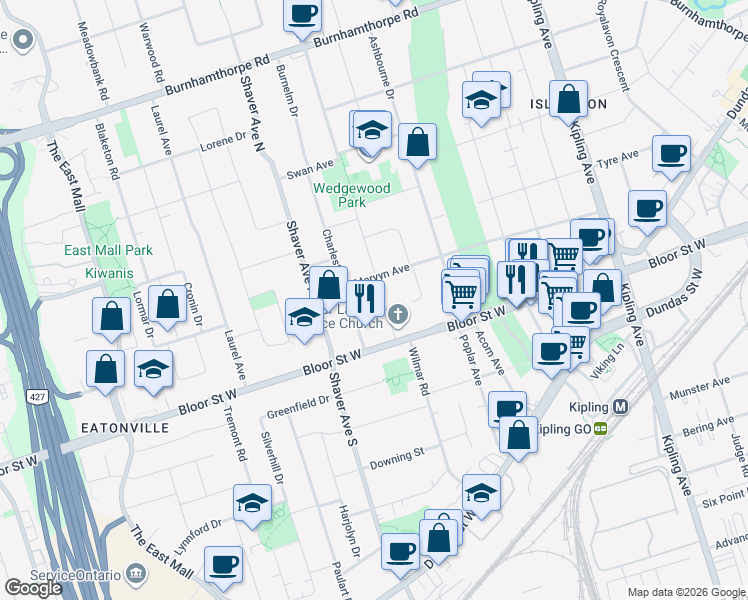 map of restaurants, bars, coffee shops, grocery stores, and more near in Toronto