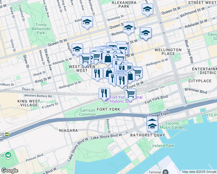 map of restaurants, bars, coffee shops, grocery stores, and more near 9 Tecumseth Street in Toronto