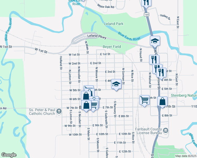 map of restaurants, bars, coffee shops, grocery stores, and more near 203 East 4th Street in Blue Earth