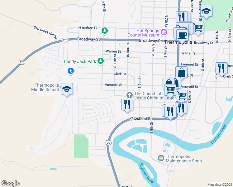 map of restaurants, bars, coffee shops, grocery stores, and more near 551 South 11th Street in Thermopolis