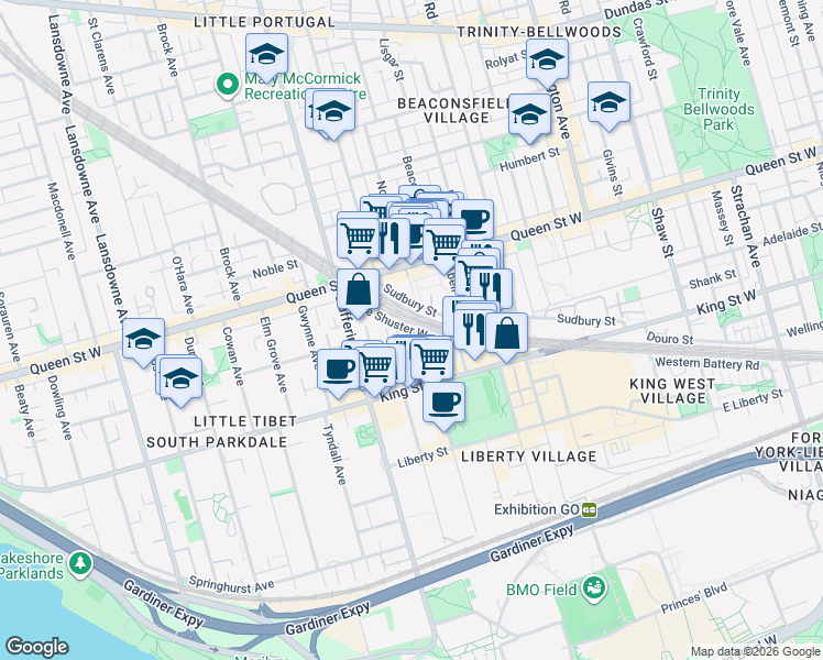 map of restaurants, bars, coffee shops, grocery stores, and more near Joe Shuster Way in Toronto