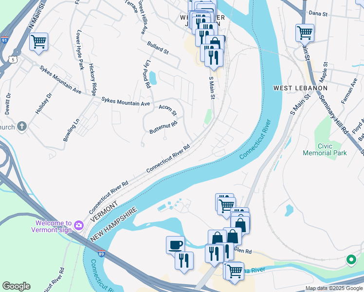 map of restaurants, bars, coffee shops, grocery stores, and more near 55 Connecticut River Road in Hartford