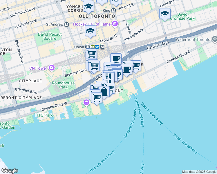 map of restaurants, bars, coffee shops, grocery stores, and more near 2500-88 Queens Quay West in Toronto