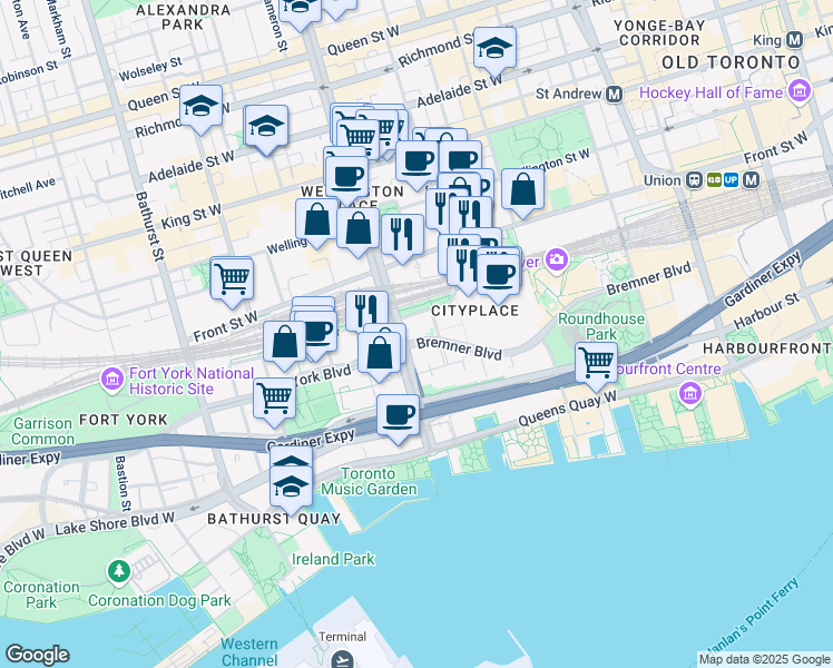 map of restaurants, bars, coffee shops, grocery stores, and more near in Toronto