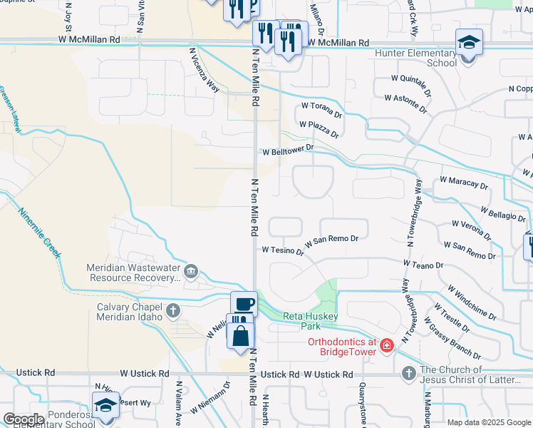 map of restaurants, bars, coffee shops, grocery stores, and more near 3088 West Tenuta Street in Meridian