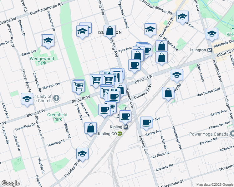 map of restaurants, bars, coffee shops, grocery stores, and more near 3819 Bloor Street West in Toronto