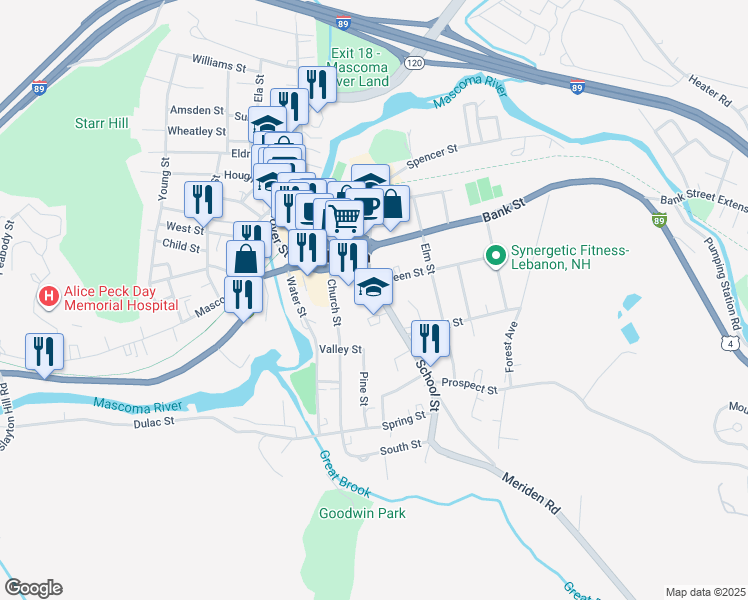 map of restaurants, bars, coffee shops, grocery stores, and more near 14 School Street in Lebanon