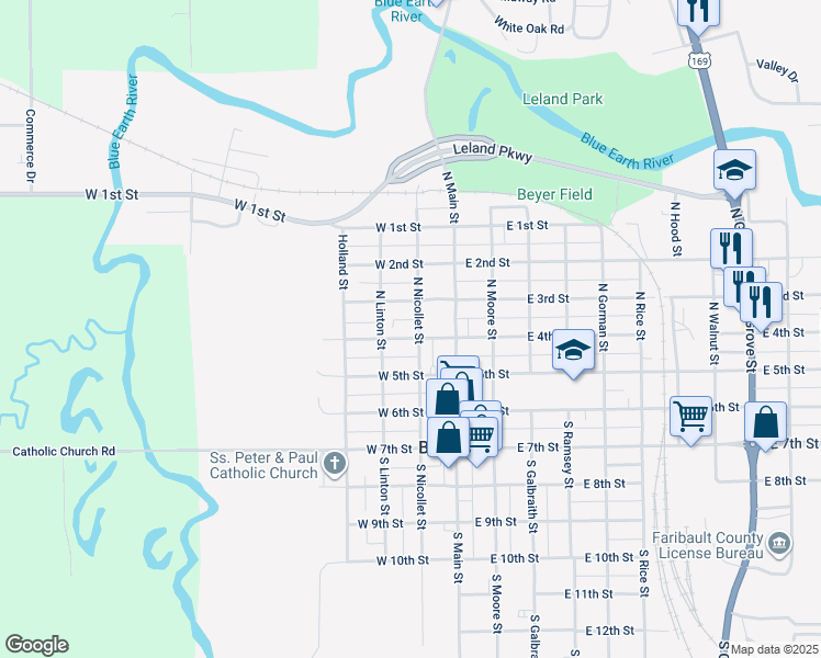 map of restaurants, bars, coffee shops, grocery stores, and more near 309 North Nicollet Street in Blue Earth
