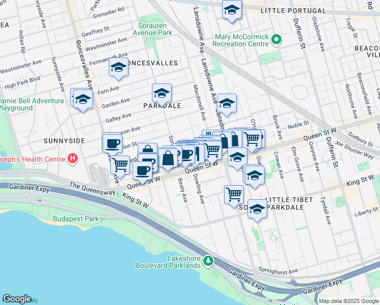 map of restaurants, bars, coffee shops, grocery stores, and more near 14 Fuller Avenue in Toronto