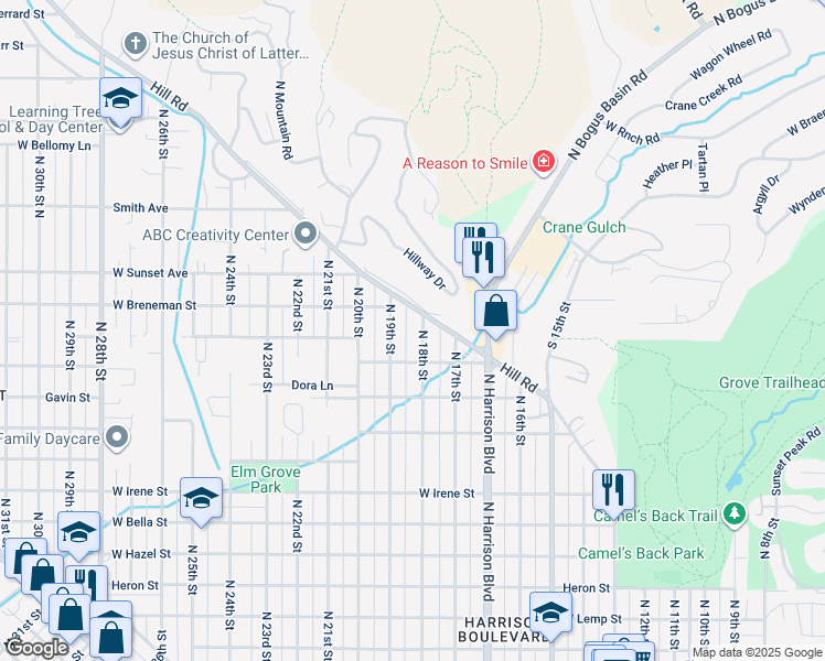 map of restaurants, bars, coffee shops, grocery stores, and more near 2309 North 18th Street in Boise