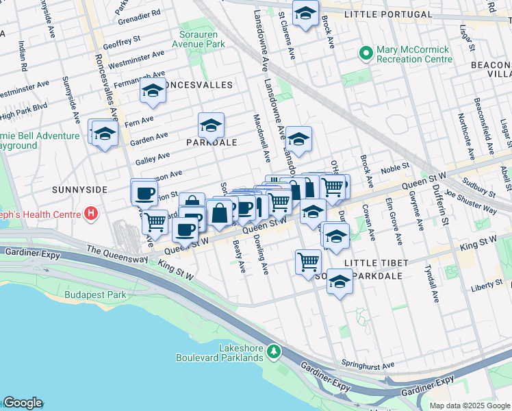 map of restaurants, bars, coffee shops, grocery stores, and more near 24 Fuller Avenue in Toronto
