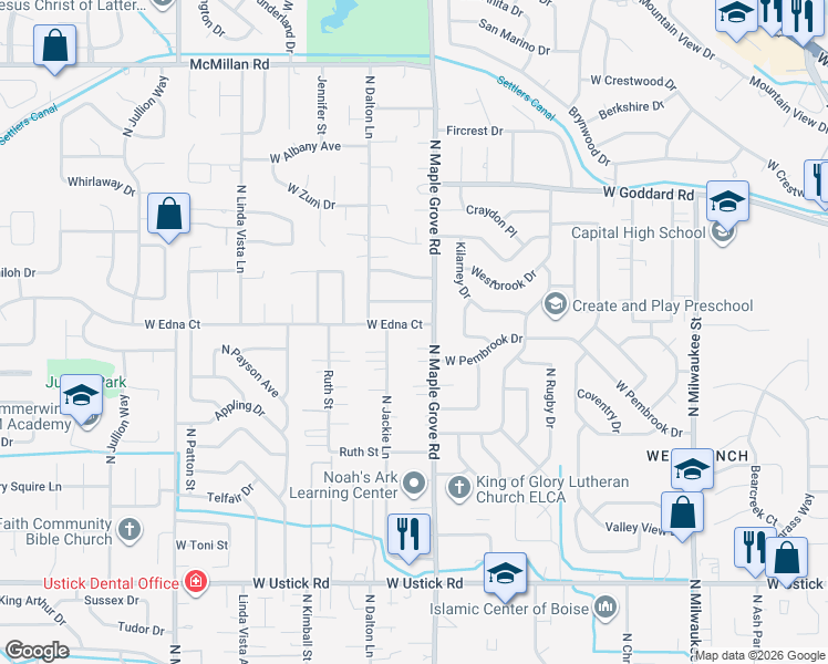 map of restaurants, bars, coffee shops, grocery stores, and more near 9075 West Edna Street in Boise