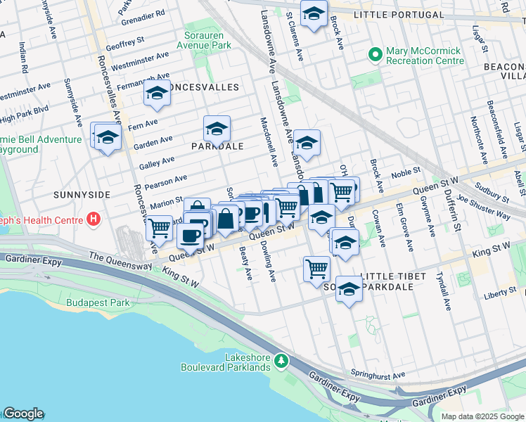 map of restaurants, bars, coffee shops, grocery stores, and more near 24 Fuller Avenue in Toronto