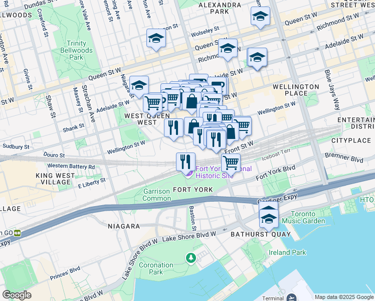 map of restaurants, bars, coffee shops, grocery stores, and more near 11s Tecumseth Street in Toronto