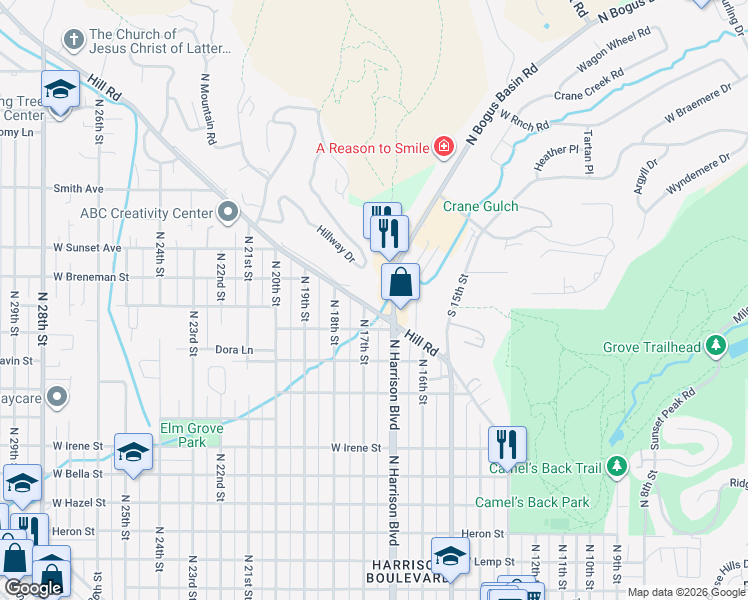 map of restaurants, bars, coffee shops, grocery stores, and more near 1674 West Hill Road in Boise