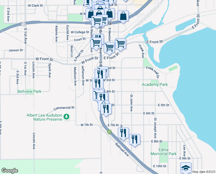 map of restaurants, bars, coffee shops, grocery stores, and more near 922 South Newton Avenue in Albert Lea
