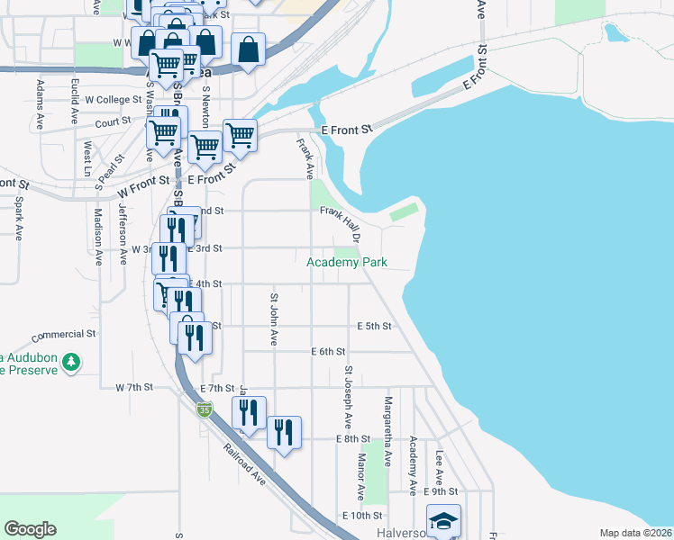 map of restaurants, bars, coffee shops, grocery stores, and more near 517 East 4th Street in Albert Lea