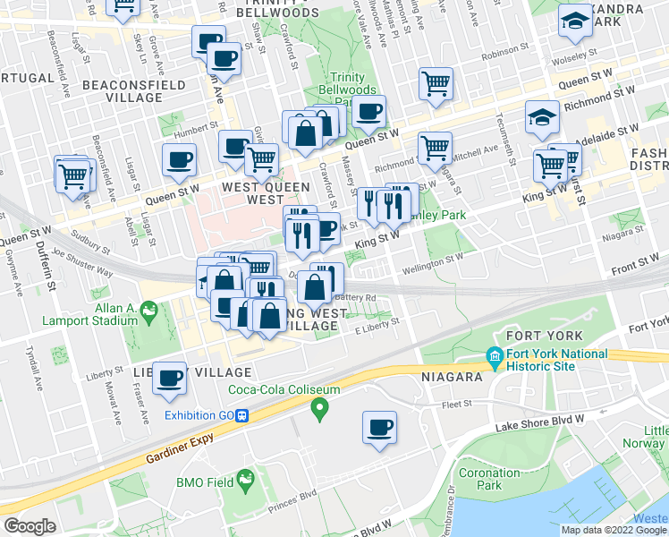 map of restaurants, bars, coffee shops, grocery stores, and more near 1 Shaw Street in Toronto
