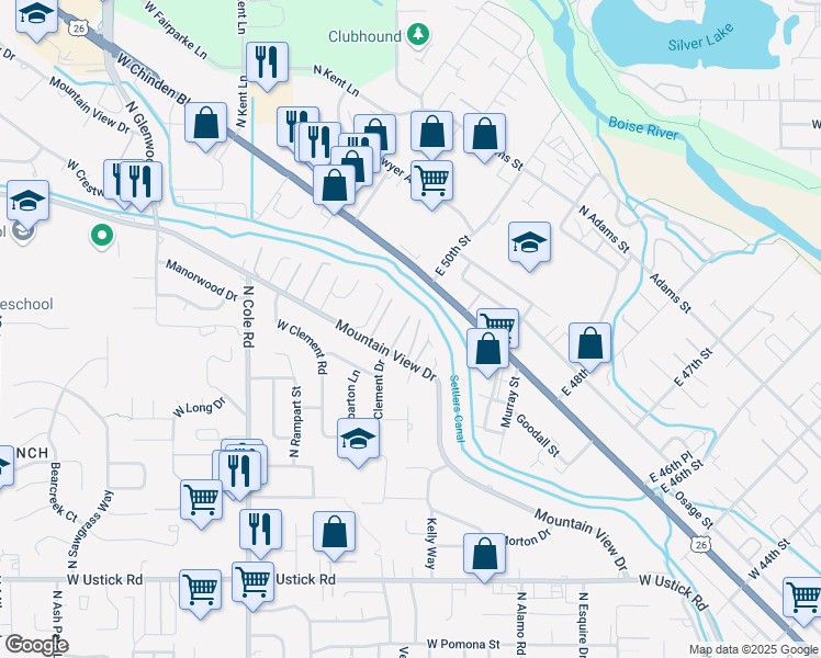map of restaurants, bars, coffee shops, grocery stores, and more near 3904 Mountain View Drive in Boise
