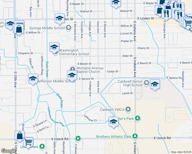 map of restaurants, bars, coffee shops, grocery stores, and more near 1605 Spruce Street in Caldwell