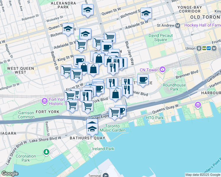 map of restaurants, bars, coffee shops, grocery stores, and more near in Toronto