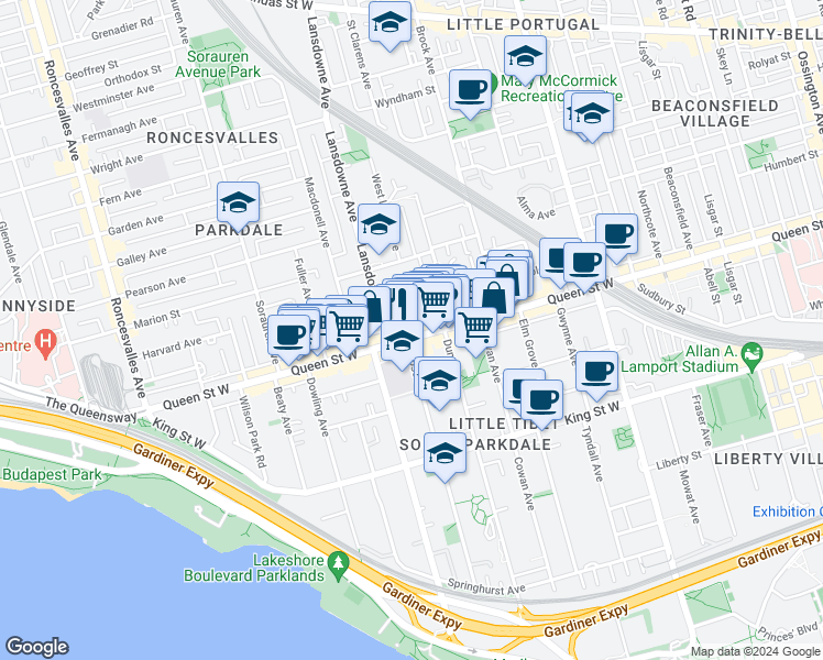 map of restaurants, bars, coffee shops, grocery stores, and more near in Toronto