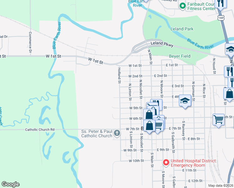 map of restaurants, bars, coffee shops, grocery stores, and more near 303 Holland Street in Blue Earth