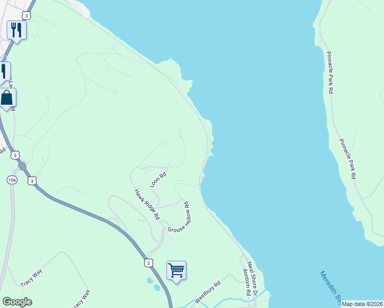 map of restaurants, bars, coffee shops, grocery stores, and more near 29 South Watch Road in Meredith