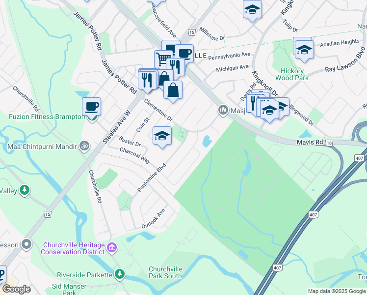 map of restaurants, bars, coffee shops, grocery stores, and more near 17 Pantomine Boulevard in Brampton