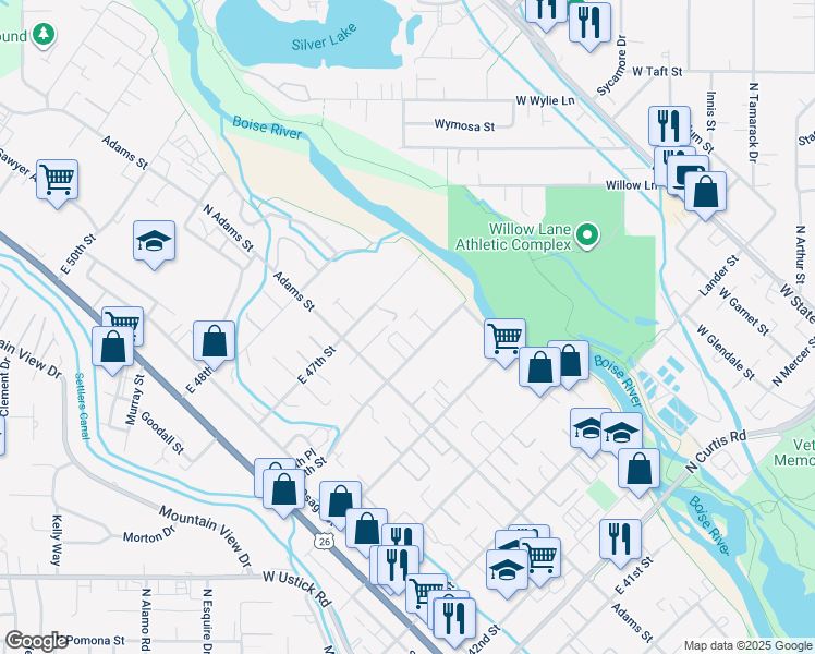 map of restaurants, bars, coffee shops, grocery stores, and more near 504 East 46th Street in Boise