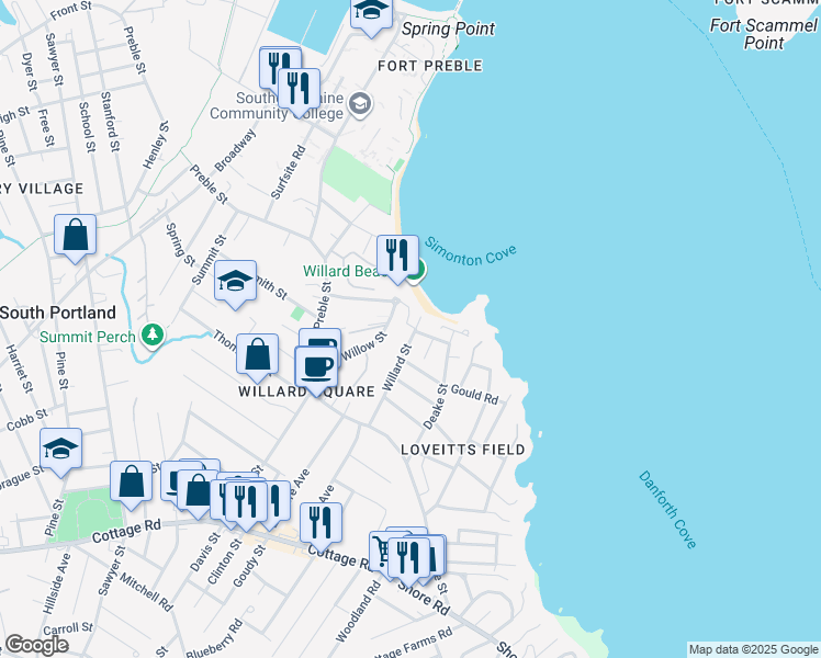 map of restaurants, bars, coffee shops, grocery stores, and more near 15 Willard Street in South Portland